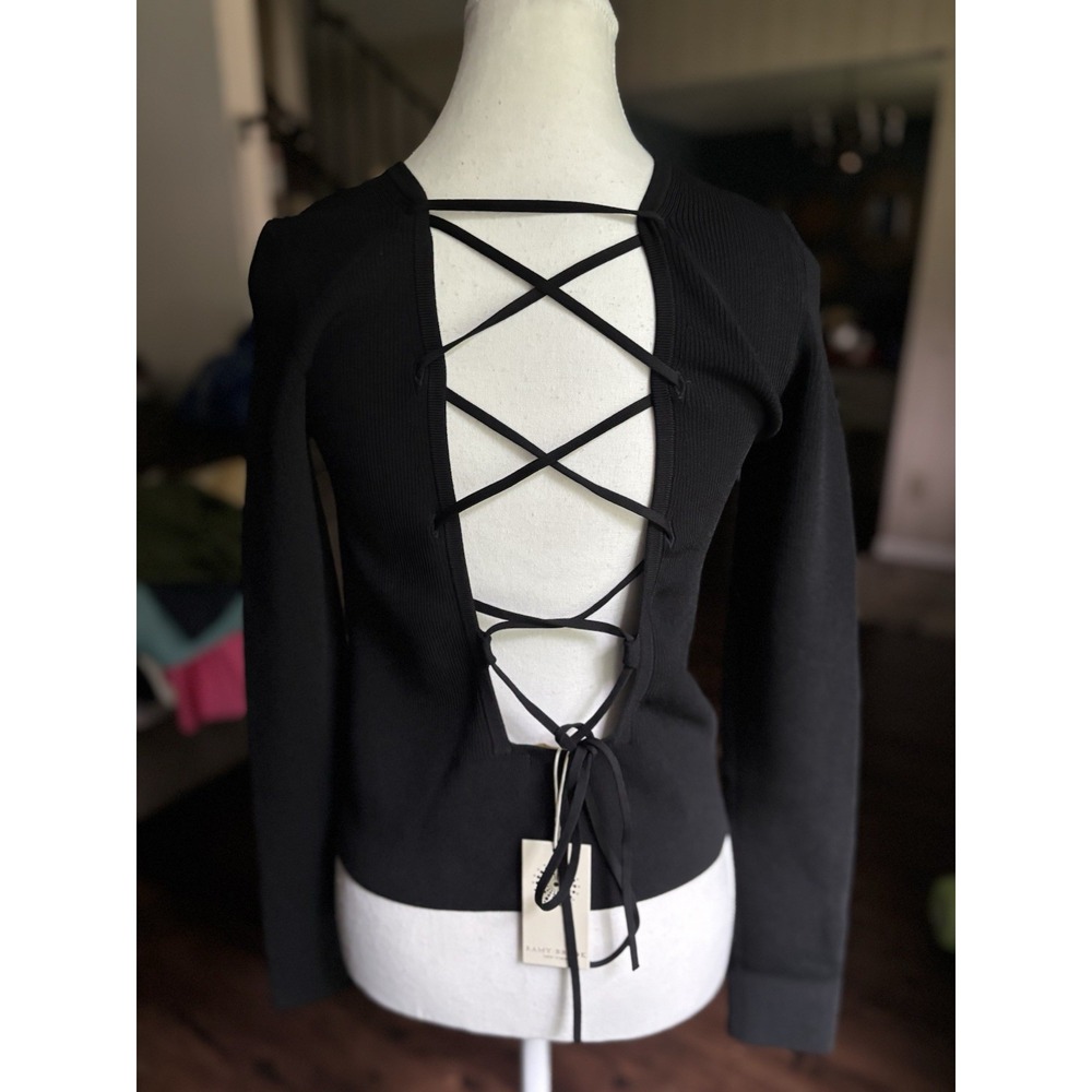 NWT Womens Ramy Brook Black Lucas Open Back‎ Lace-Up Knit Sweater Large - Picture 9 of 16